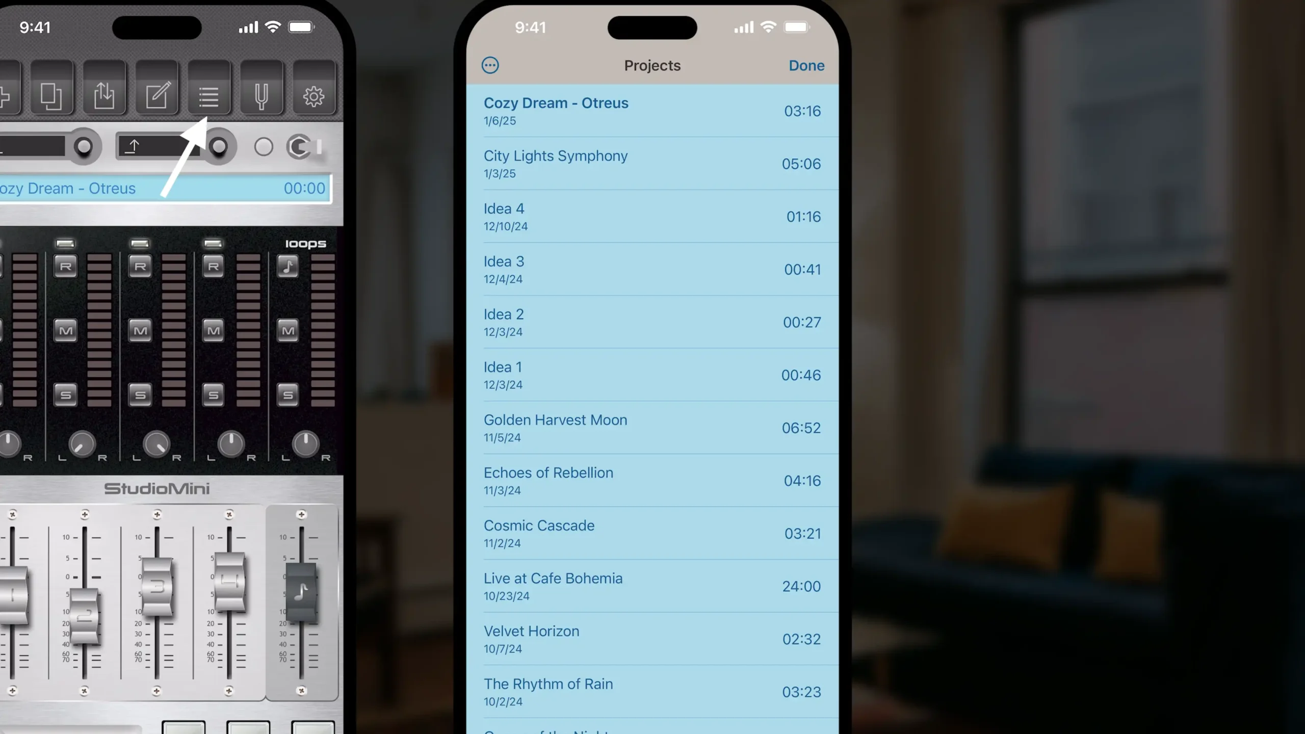 Projects button - StudioMini app to record music