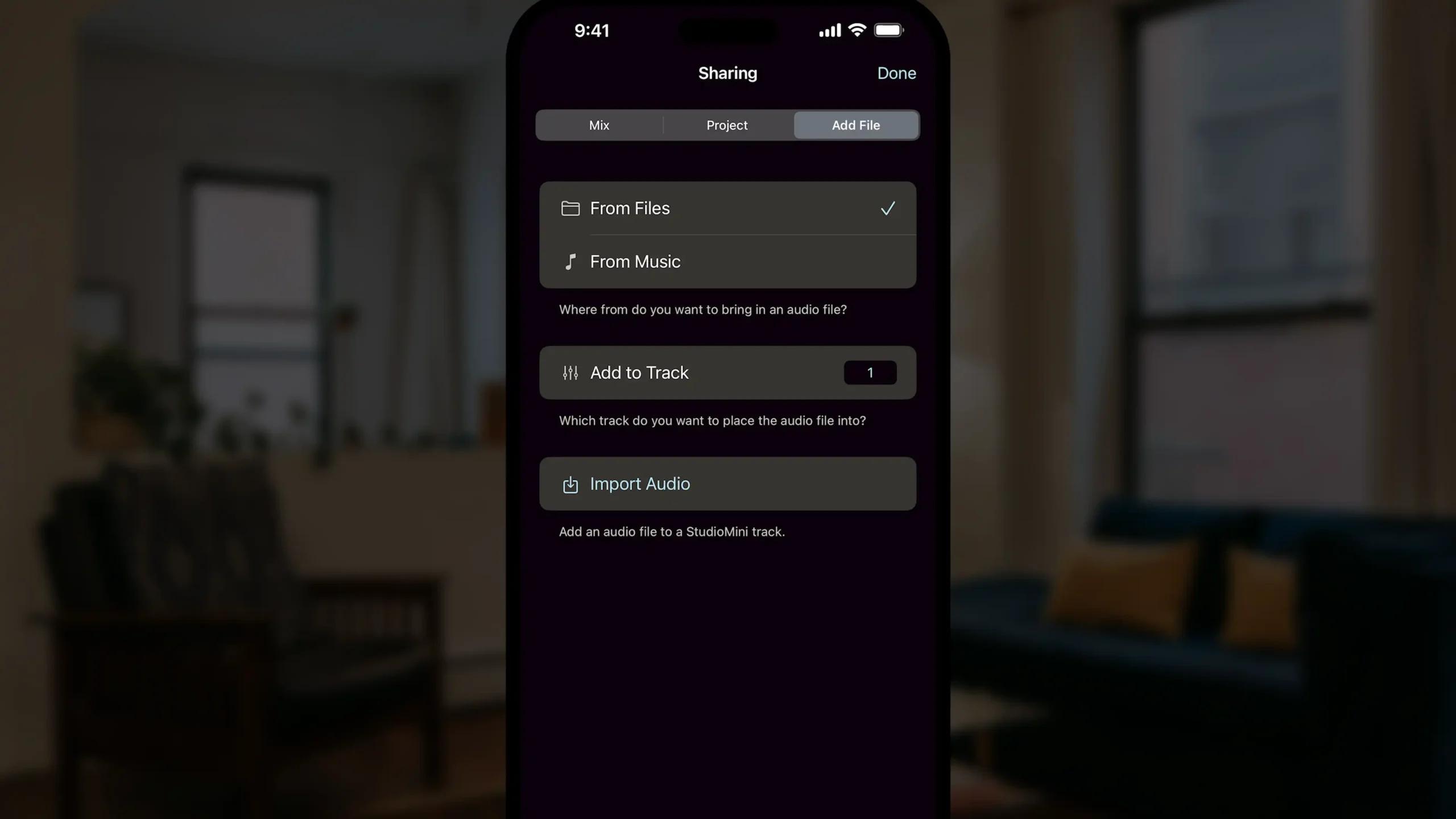 Sharing Add File - StudioMini app to record music