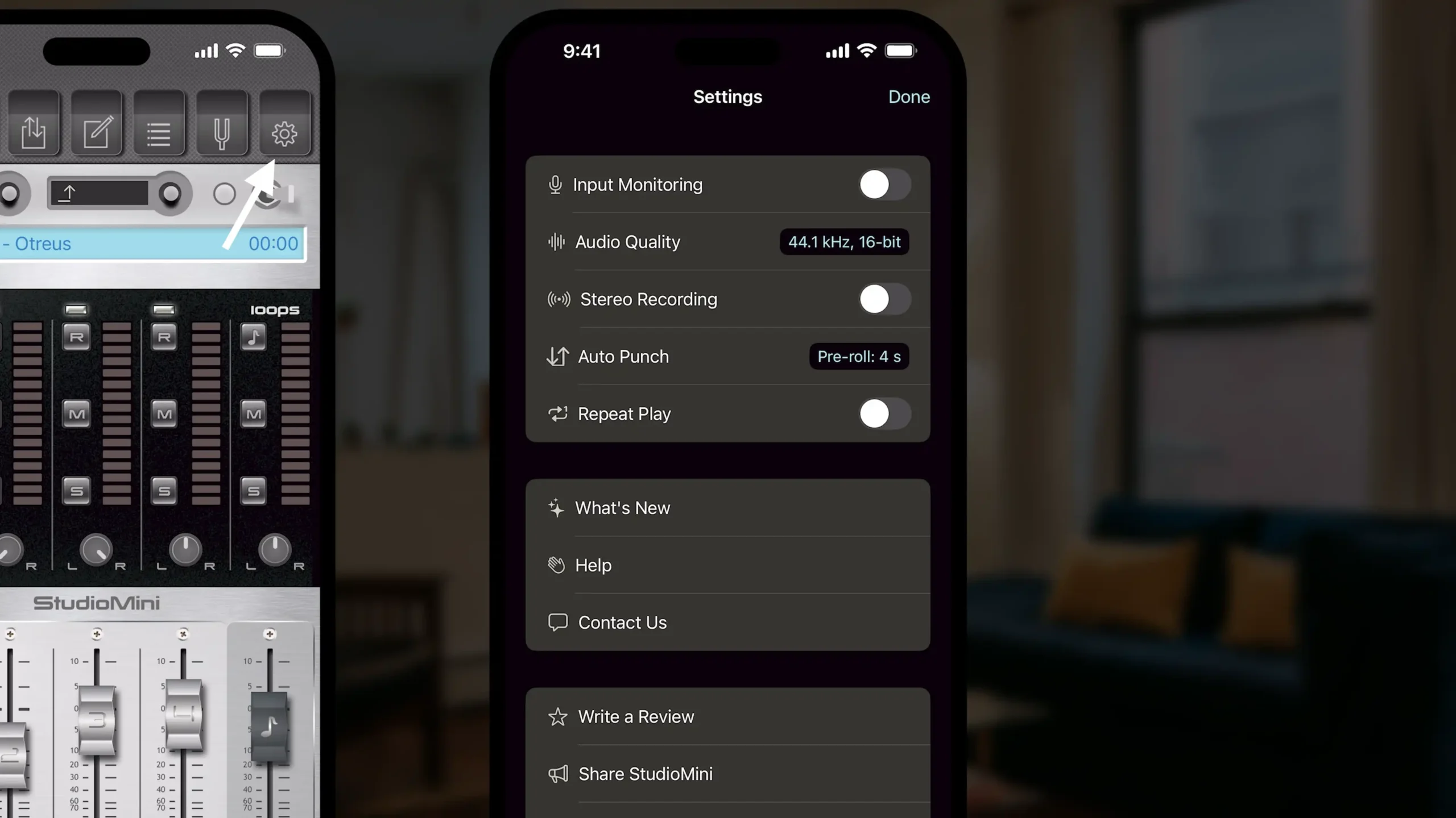 Settings button - StudioMini app to record music