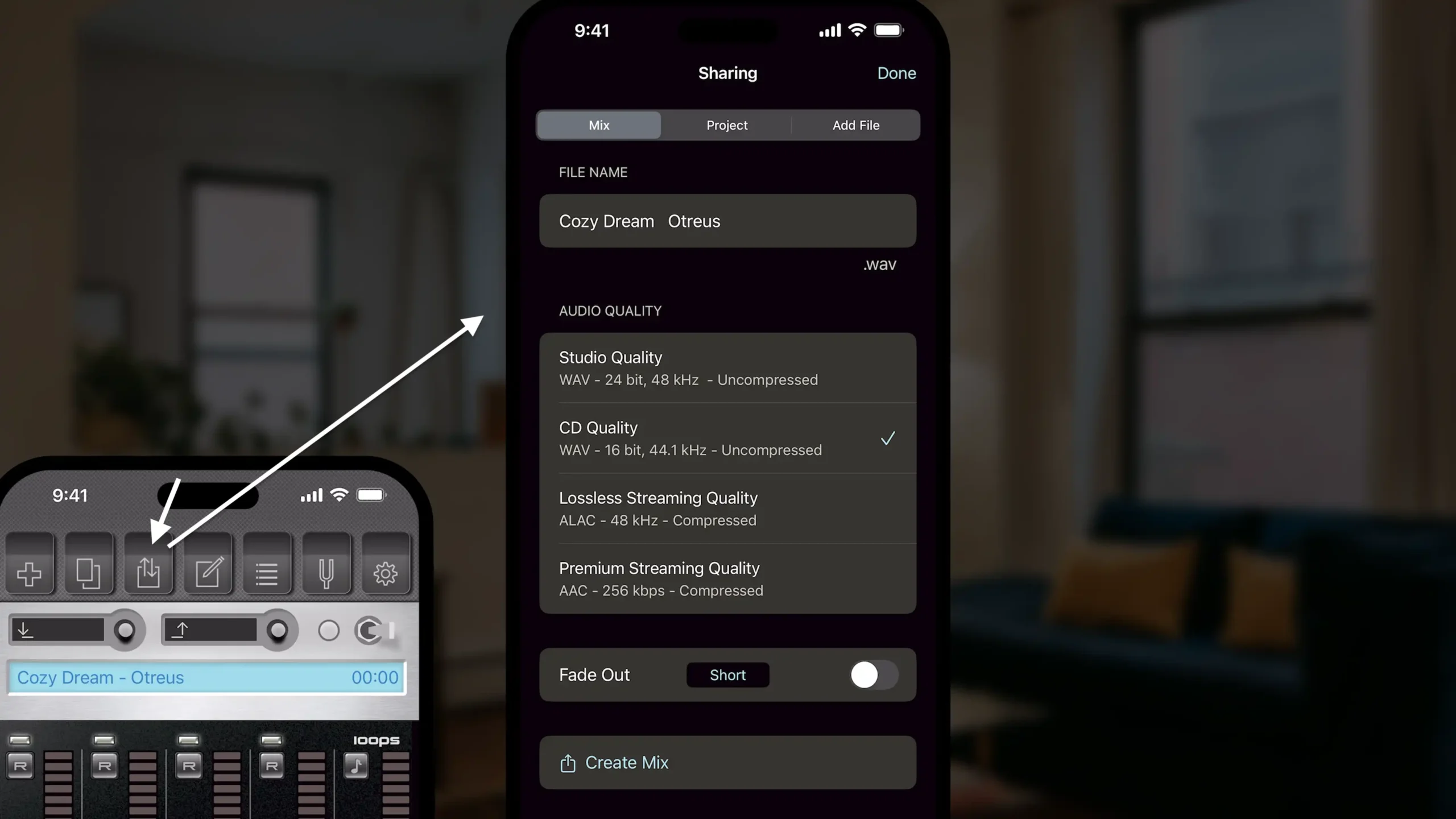 Sharing button - StudioMini app to record music